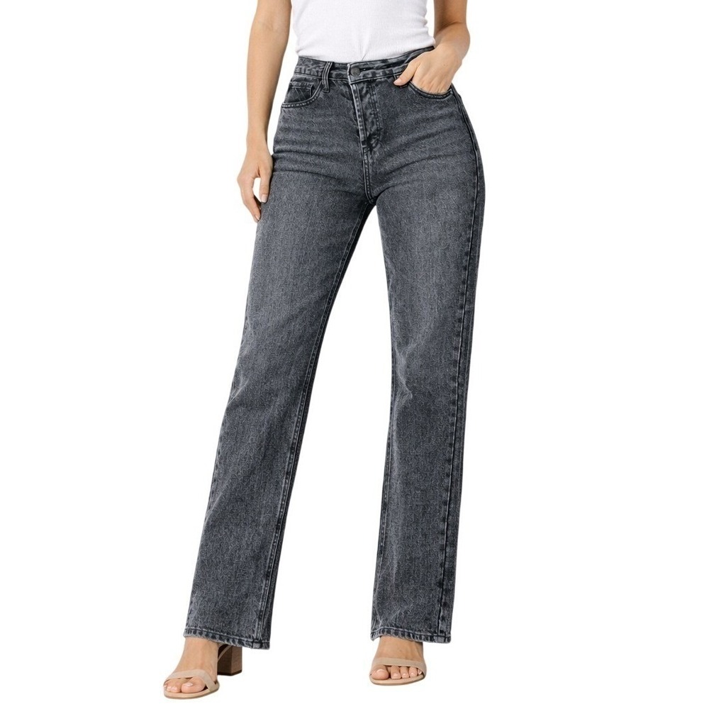 *NWT* Fashion Nova Straight Leg Jeans Women Sz. 7 Grey Crossover Button Fly